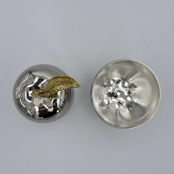 Silver Trinket Box Apple Shaped w Gold Brass Toned Metal Handle Home Decor - Picture 3 of 6